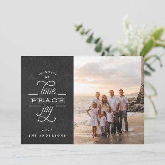 Religieuze Peace Love Joy Chalk kerstfoto Feestdagenkaart (Staand voorkant)