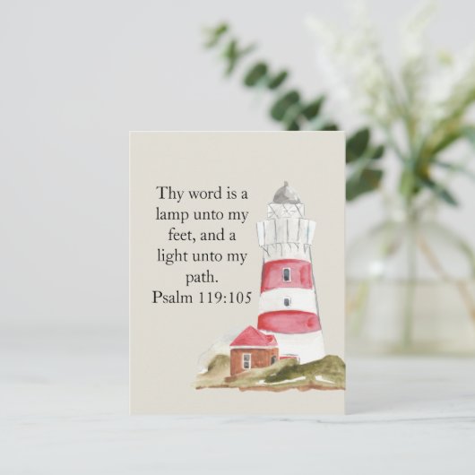 Religieuze psalm rode vuurtoren strand briefkaart (Staand voorkant)