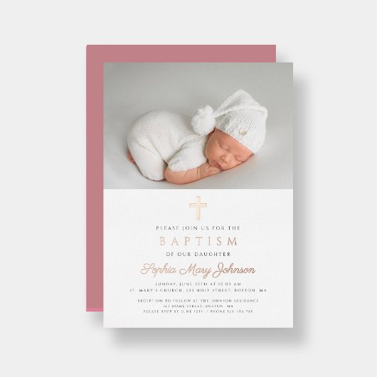 Religieuze Roos Gold Cross Girl Foto Baptisme Folie Uitnodiging