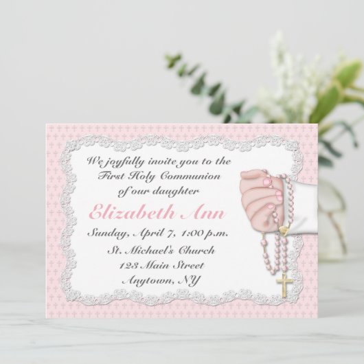 Religieuze Roze Rosary Beads Uitnodiging (Staand voorkant)