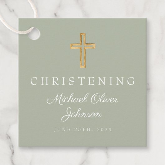 Religieuze Sage Green Cross Christening Bedankjes Labels (Voorkant)