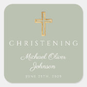 Religieuze Sage Green Wood Cross Christening Vierkante Sticker (Voorkant)