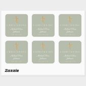 Religieuze Sage Green Wood Cross Christening Vierkante Sticker (Vel)