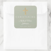Religieuze Sage Green Wood Cross Christening Vierkante Sticker (Tas)