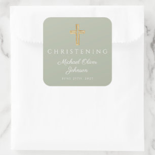 Religieuze Sage Green Wood Cross Christening Vierkante Sticker