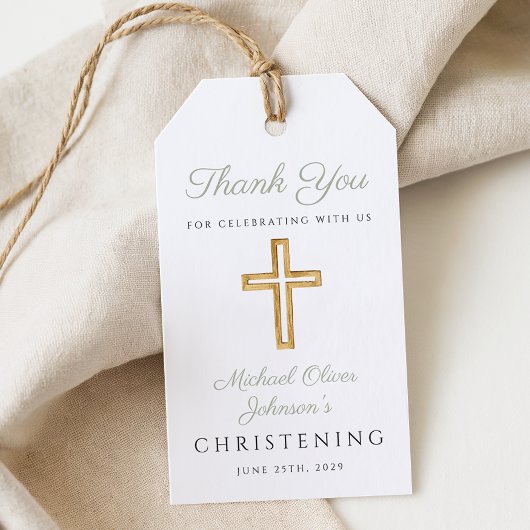 Religieuze saliegroene houten doopkruis cadeaulabel