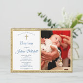 Religieuze slaafse kerstman met gouden blauwe baby kaart (Staand voorkant)