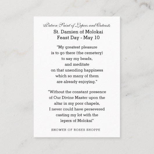 Religieuze St Damien van Molokai Hawaii Priest Visitekaartje (Achterkant)