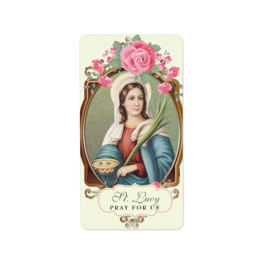 Religieuze St. Lucy Lucia  roze rozenlabel Etiket (Voorkant)