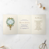 Religieuze verjaardag Maagd Mary Blue Floral Drieluik Uitnodiging (Binnen)