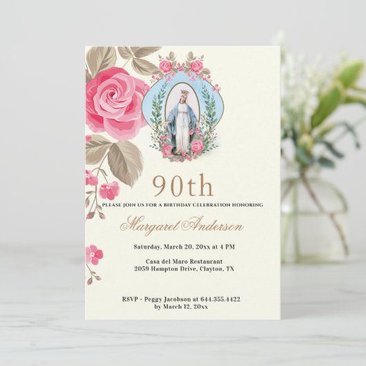 Religieuze verjaardag Maagd Mary Scripture Pink Ro Kaart (Staand voorkant)