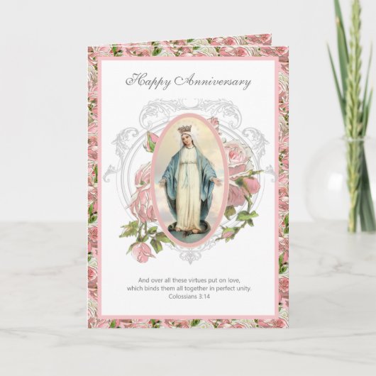 Religieuze Vintage Jubileum Maria Rozen Kaart (Voorkant)