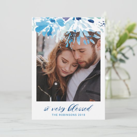 Religieuze, zeer gevlekte moderne kerstfoto feestdagenkaart (Staand voorkant)