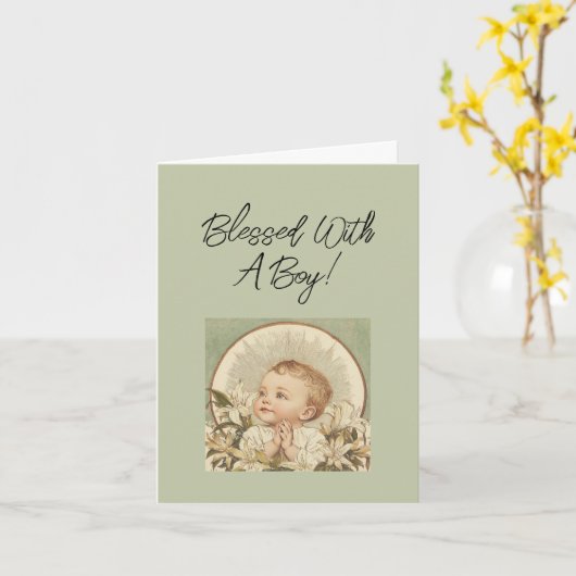 Religious Baby Boy Congratulations, Custom Text Kaart (Gele Bloem)