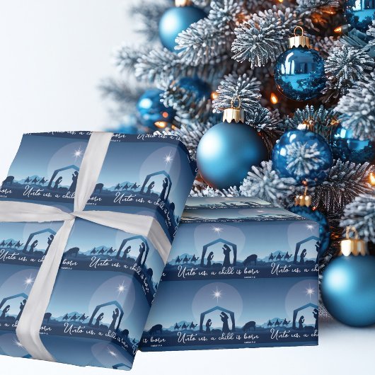 Religious Christmas Nativity Scene Blue Cadeaupapier