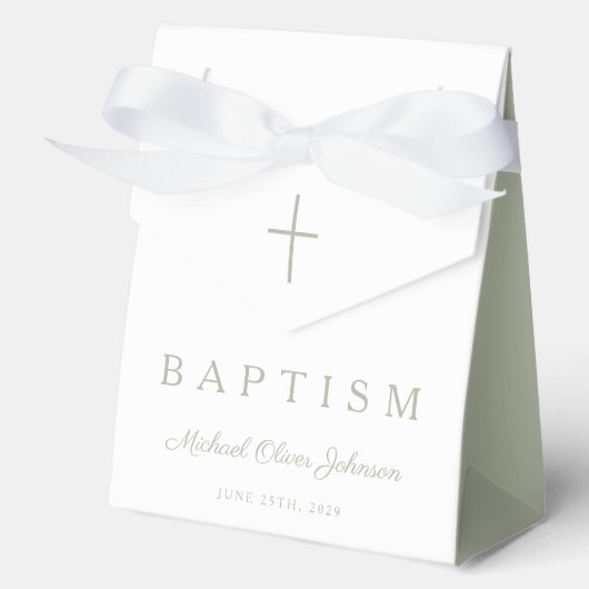 Religious Cross Sage Green Script Boy Baptism  Bedankdoosjes (Voorkant)