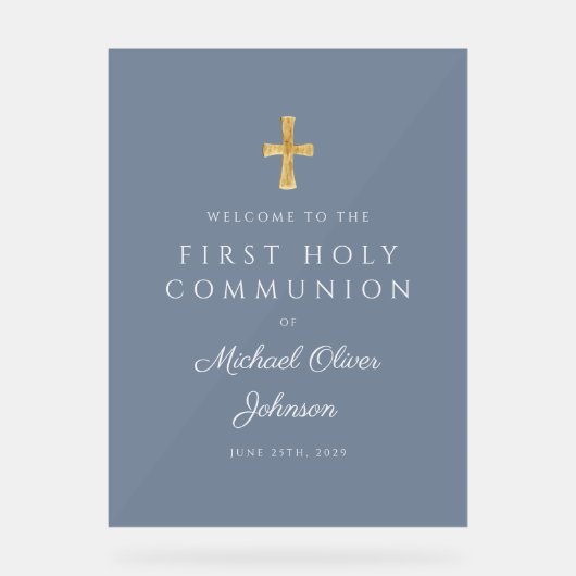 Religious Dusty Blue Boy First Communion Welcome Acryl Bord (Voorkant)