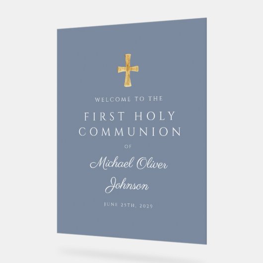 Religious Dusty Blue Boy First Communion Welcome Acryl Bord (Hoek)