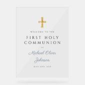 Religious Dusty Blue Boy First Communion Welcome Acryl Bord (Voorkant)