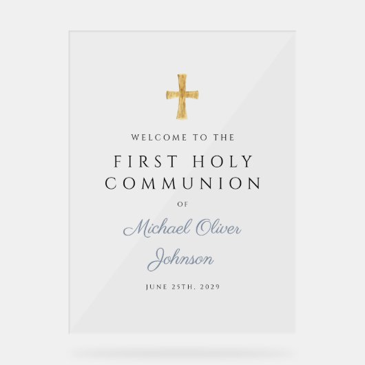 Religious Dusty Blue Boy First Communion Welcome Acryl Bord (Voorkant)