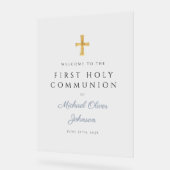 Religious Dusty Blue Boy First Communion Welcome Acryl Bord (Hoek)
