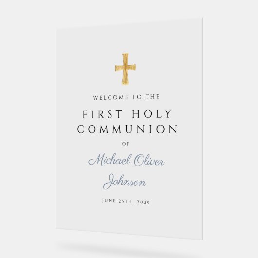 Religious Dusty Blue Boy First Communion Welcome Acryl Bord (Hoek)