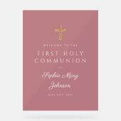 Religious Dusty Pink Girl First Communion Welcome Acryl Bord (Voorkant)
