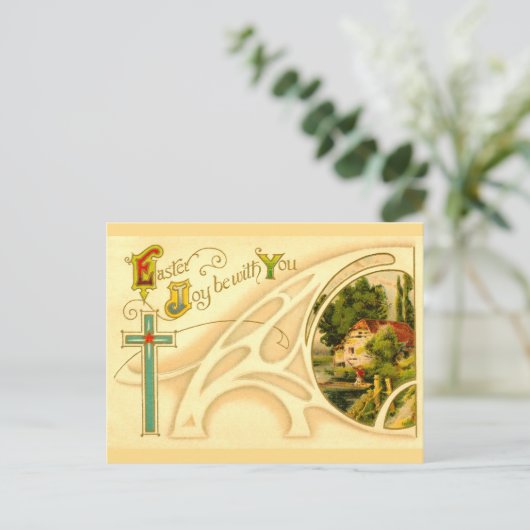 Religious Easter with Cross & Vignette Feestdagenkaart (Staand voorkant)