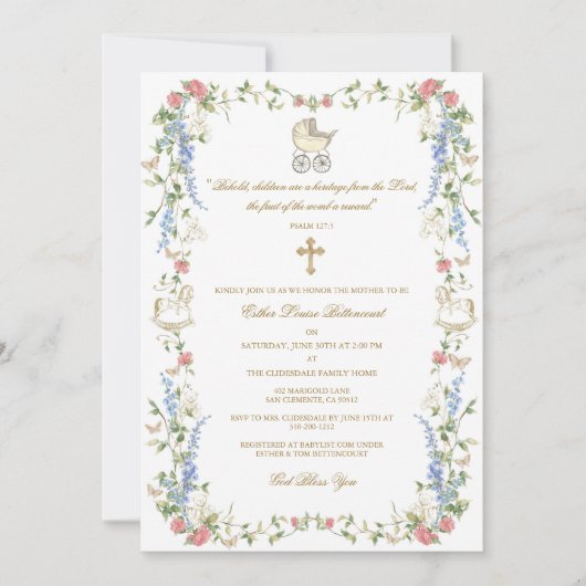 Religious Floral Baby shower Invitation Kaart (Voorkant)