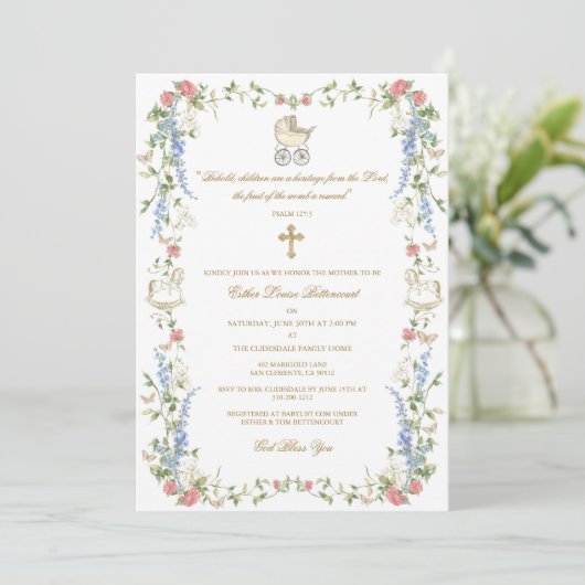 Religious Floral Baby shower Invitation Kaart (Staand voorkant)