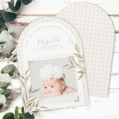 Religious Gingham Photo Birth Announcement Kaart