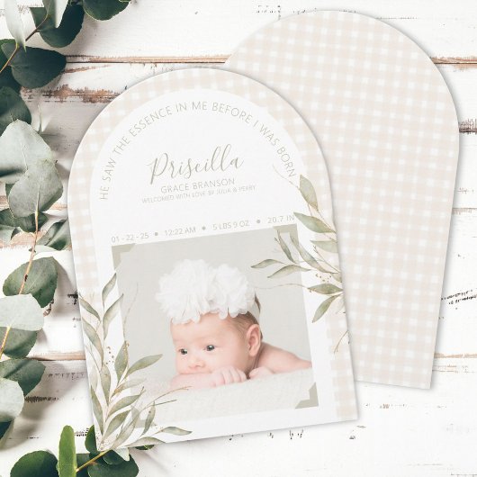 Religious Gingham Photo Birth Announcement Kaart