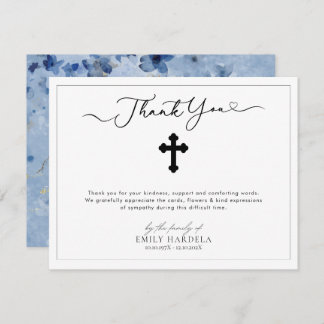 Religious Golden Blue Floral Funeral Bedankt Kaart