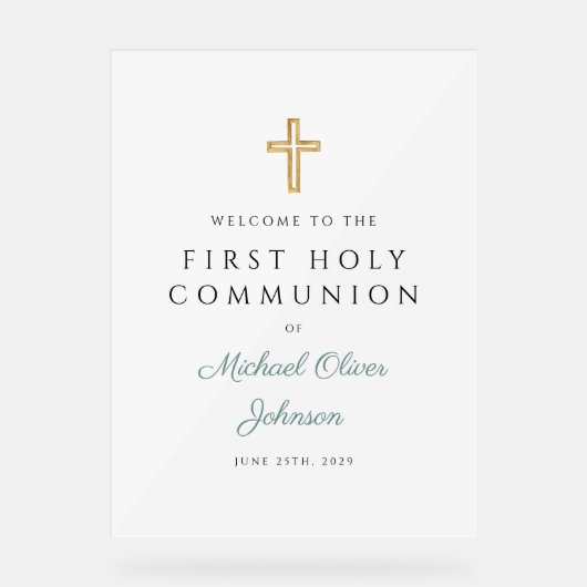 Religious Green Boy First Communion Welcome Acryl Bord (Voorkant)