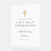 Religious Green Boy First Communion Welcome Acryl Bord (Hoek)