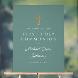 Religious Green Boy First Communion Welcome Acryl Bord