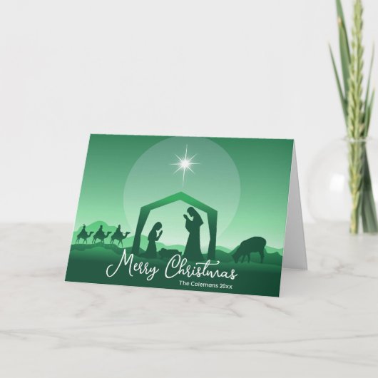 Religious Merry Christmas Green Nativity Scene Feestdagen Kaart (Voorkant)