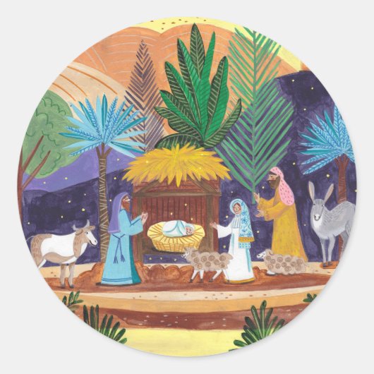 Religious Nativity Scene Glory to God Christmas Ronde Sticker (Voorkant)