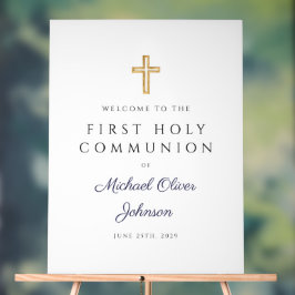 Religious Navy Blue Boy First Communion Welcome Acryl Bord