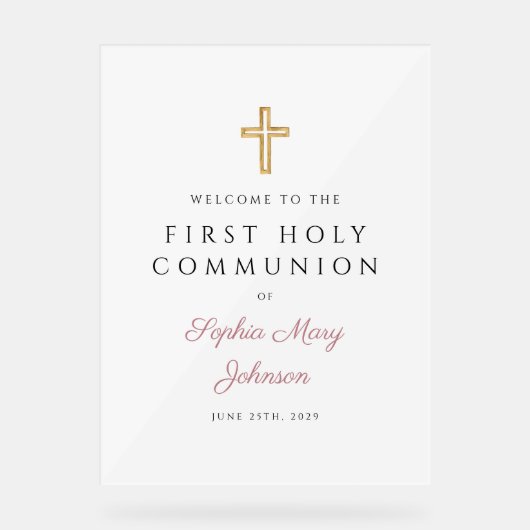 Religious Pink Script Girl First Communion Welcome Acryl Bord (Voorkant)