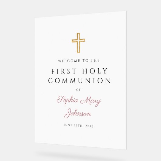 Religious Pink Script Girl First Communion Welcome Acryl Bord (Hoek)