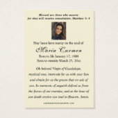 Religious Virgin Mary Guadalupe Catholic Funeral Visitekaartje (Achterkant)