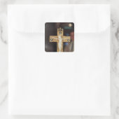 Reliquary kruisbeeld, ivoor Christus op goudkruis Vierkante Sticker (Tas)