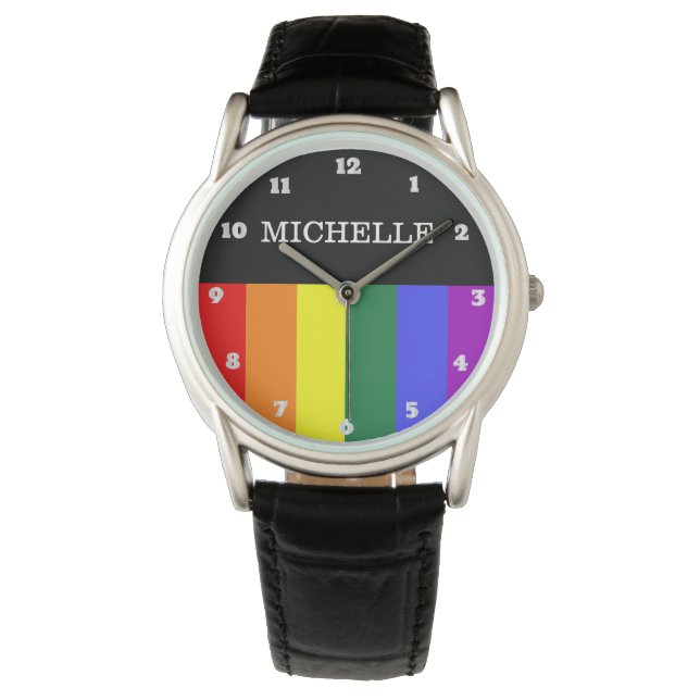 Relógio Couro Orgulho Gay Rainbow Personalizado Horloge (Voorkant)