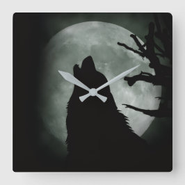 Reloj de Pared - Lobo Aullando a la luna Llena  Vierkante Klok