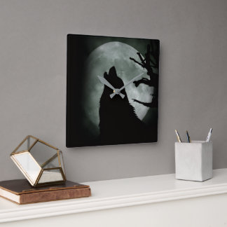 Reloj de Pared - Lobo Aullando a la luna Llena Vierkante Klok