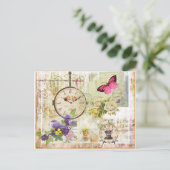 Reloj y mariposa rosa  con flor violeta briefkaart (Staand voorkant)