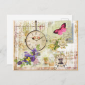 Reloj y mariposa rosa  con flor violeta briefkaart (Voorkant / Achterkant)