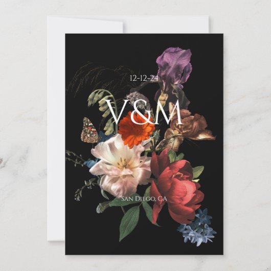 Rembrandt Bloemen Donker Moody Bruiloft Monogram Kaart (Achterkant)