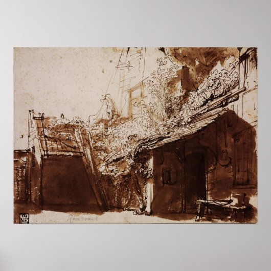 Rembrandt - Boerderij in licht en schaduw Poster (Voorkant)